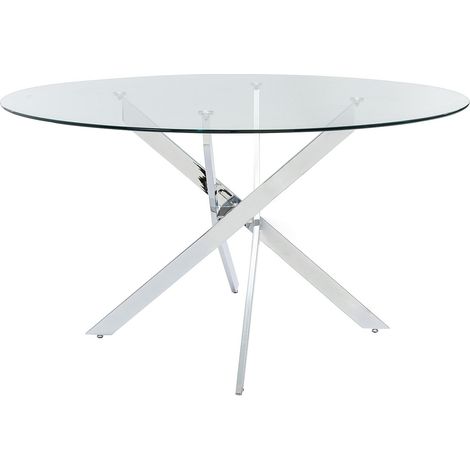 Table à manger ronde 6 personnes en verre trempé et métal chromé - Transparent - COSIMA