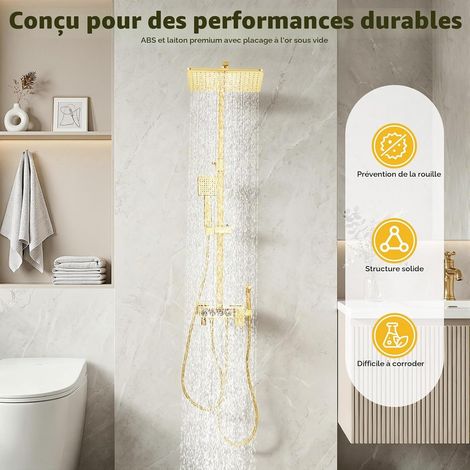 Colonne De Douche Thermostatique,Colonne De Douche Or Brossé Laiton Ensemble De Douche Monté Au Mur Douche De Pluie 31.522cm Et Barre De Hauteur Ajustable 80-120cm (1/5)