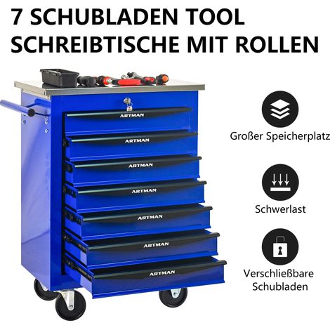 Chariot multifonctionnel 7 tiroirs sur roues,meuble métallique entrepôt,dessus de table en acier inoxydable,noire et bleue.