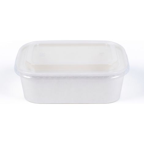 Bol rectangulaire en kraft blanc 880 ml avec couvercle transparent