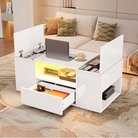 Table basse avec LED, 1 tiroir et 6 rangements, 100 x 50 x 40 cm, blanc brillant DESVIAE (1/5)