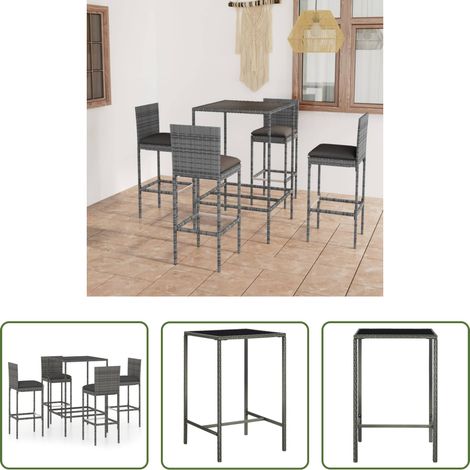 vidaXL Barhocker - 5-tlg. Gartenbar-Set mit Kissen Poly Rattan Grau (1/5)