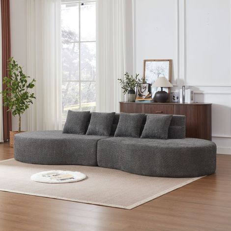 Divano modulare a 2 pezzi in ciniglia, design curvo, schienale a più livelli, struttura in schiuma, grigio (1/4)