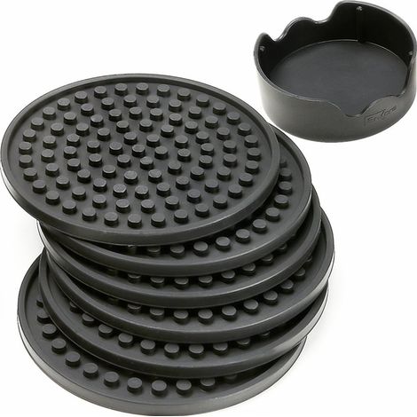 Lot de 6 dessous de verre avec support noir, grand format 11 cm, protège meubles contre traces d'eau et dommages, plateau à rebord profond retient la condensation sans débordement, compatible la plupa (1/5)
