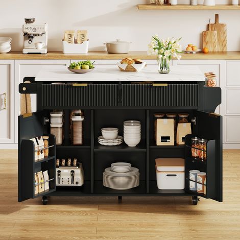 MEUBLIV îlot de cuisine 143 x 45 cm noir – plan de travail rabattable, rangements intégrés (1/5)