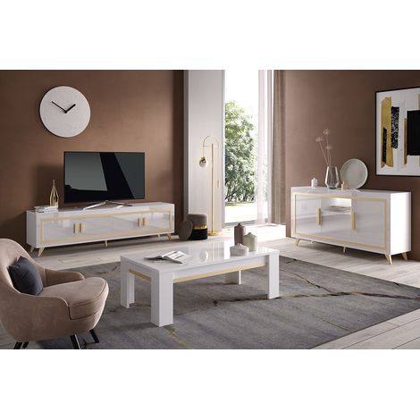 JEMMA - Ensemble Salon Blanc Décor Doré Meuble TV + Buffet avec Leds + Table Basse (1/5)