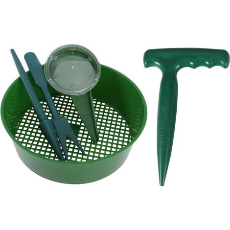 Kit D’Outils de Jardinage 5 Pièces Dibber à Semis, Distributeur et Tamis de Sol pour Plantation et Repiquage, Plastique Léger Vert Antidérapant pour Entretien de Jardin et Semis