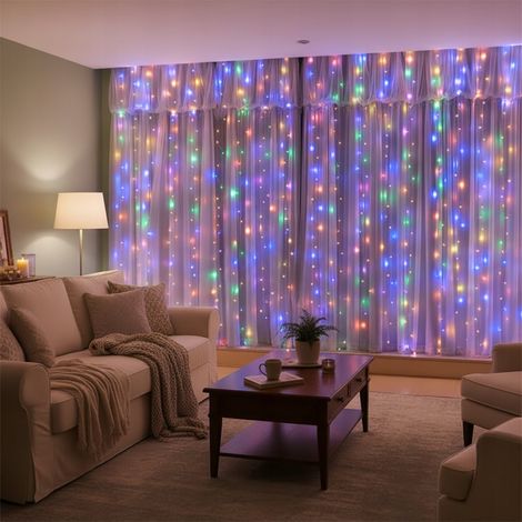 Rideau de Noël LED 3x2m 200 lumières Micro USB Télécommande Crochets colorés (1/5)