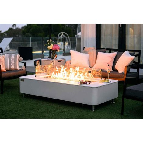 Brasero à gaz extérieur – Mobilier de jardin en béton GFRC – Plateau en porcelaine marbrée – Dimensions 157,5 x 76,2 x 35,6 cm – Elementi (1/5)