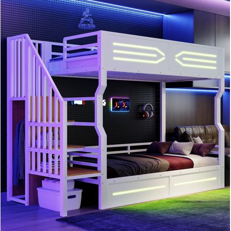 Bett Etagenbett mit Stauraum LED 90x200 Weiß OKMYHOME (1/5)