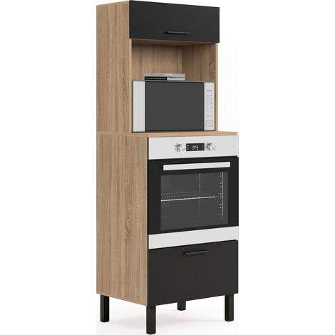 CINA Armadio forno/microonde a colonna da 60 cm a 2 porte, nero e faggio