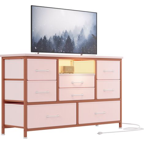 GARVEE -Commode 8 Tiroirs en Tissu pour TV 55'' avec Prises USB et LED, Meuble de Rangement Multi-fonctions pour Chambre/Salon, 140x40x82cm(Rose) (1/5)