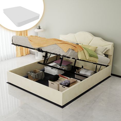 Cama canapé moderna tapizada beige 160x200 cm con cabecero geométrico acolchado, pistón de elevación y colchón incluido (1/5)