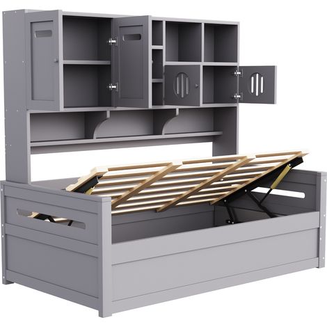 Lit simple canapé-lit hydraulique 90 x 200 cm avec rangements, pin, gris HOMVRA (1/5)