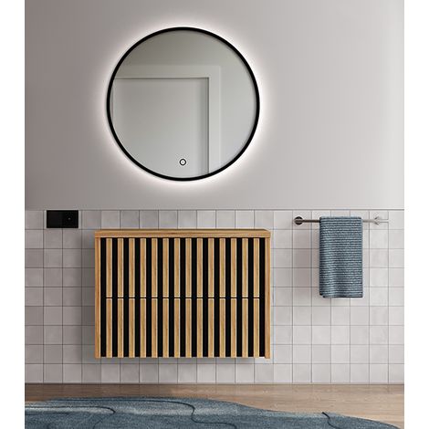 Badmöbel Set in Eiche Nb. mit Lamellenfronten LUCCA-107 LED-Spiegel, 80 cm Waschbeckenunterschrank, B/H/T: ca. 81/200/45,5 cm (1/5)