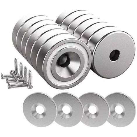 Pair 12 Stück Neodym-Magnete, 10 kg Kraft, 20 x 7 mm mit Loch und Kapsel, Senkkopf-Topfmagnet mit Schraube und 12 Stahlpads (Hellsilber)