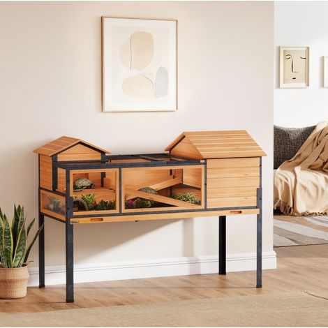 Casa para tortuga de 2 niveles con ventanas, rampas, madera y acero HAVRYA (1/5)