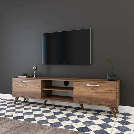 Dmora - Fernsehschrank Dbarar, Ständer für Wohnzimmerfernseher, Niedriges Wohnzimmer-Sideboard, TV-Ständerbasis, 180x35h49 cm, Nussbaum (1/5)