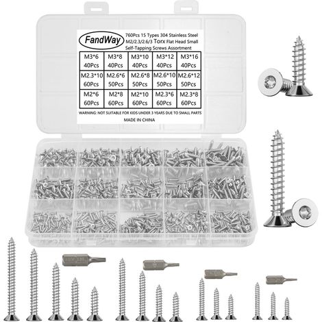 760 Pièces Vis a Autotaraudeuses Tête Fraisée Torx,M2 M2.3 M2.6 M3 Petites Vis à Bois Tête Plate Acier Inox 304,Mini Tôle Autoperceuses Fileté Avec T6 T7 T8 T10 Bit. (1/5)
