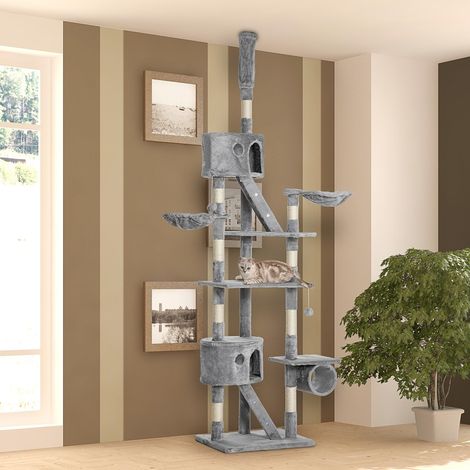 PawHut Kratzbaum deckenhoch Höhe 240-260 cm Katzenbaum mit Plüschbälle, Katzenhöhle, Hängematte, Sisalstämme, Plattformen mehrstöckiger Katzenkratzbaum Kletterbaum für große Katzen, Hellgrau