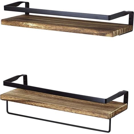 Lot de 2 étagères murales bois design moderne avec porte-serviettes et crochets rustiques (1/5)