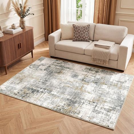 Tapis Salon 120x160cm, Petit Tapis Lavable en Machine et Antidérapant, Tapis Chambre Adulte, Tapis Vintage Gris/Beige, Poil Ras Ultra Doux, pour Cuisine Couloir Salle à Manger Entrée (1/5)