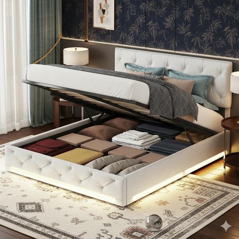 Bett 160 x 200 cm – Bettkasten 160 und Lattenrost – Verstellbares Kopfteil mit RGB-LED-Beleuchtung – Stoff in Leinenoptik – Cremefarben