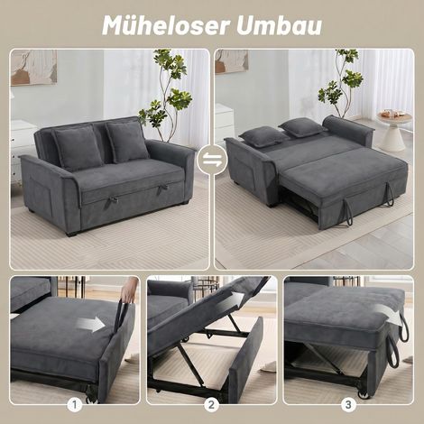 Canapé-lit futon 2 places, dossier inclinable réglable, gris foncé, avec 2 coussins (1/5)