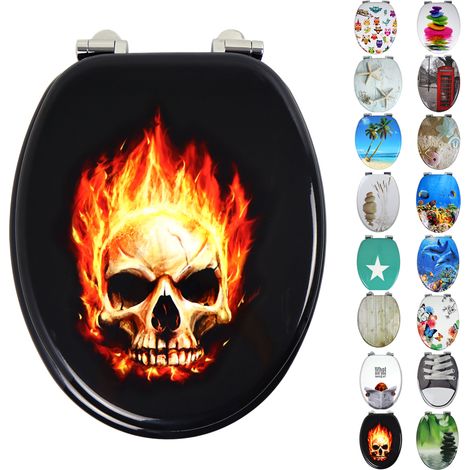 Sedile wc copri vater universale frizionato fantasia in mdf chiusura rallentata fantasia fire skull - confezione 1