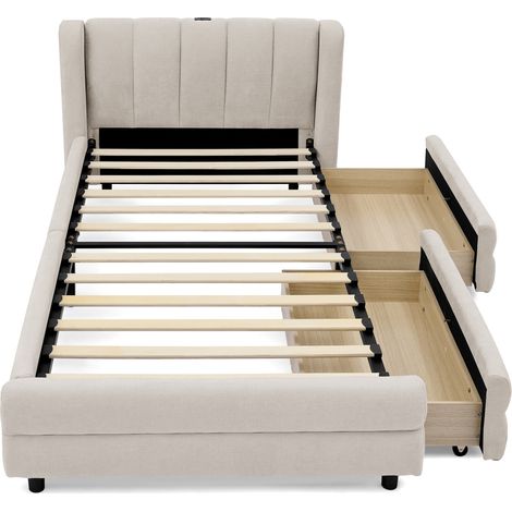 Letto singolo 90x200 cm in chenille beige con cassetti e porte USB-C (1/5)