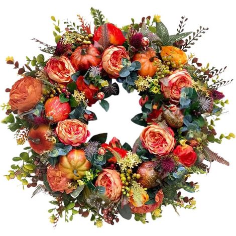 Couronne de citrouille artificielle, couronne de fleurs d'automne pour intérieur et extérieur, couronne de porte d'entrée ronde, couronne de Thanksgiving (1/5)