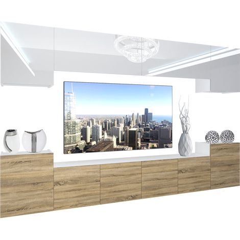 BELINI - Unité Murale TV NEX I Ensemble Muebles de Salon Complet I Ensemble Meuble TV avec Illumination LED I Dimensions: 300 x 180 x 36 cm I Coleur: Blanc très Brillant/chêne Sonoma (1/5)