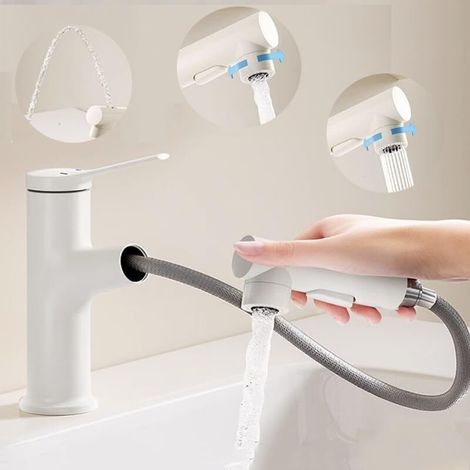 Grifo de lavabo, 3 modos de agua, grifo de baño, grifo extraíble de agua caliente y fría, función de fuente, con manguera de entrada de agua (1/5)
