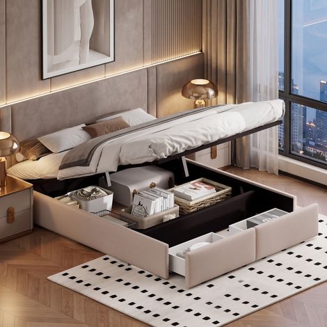 Cama canapé 140x200 cm con somier de láminas - estructura de matrimonio sin cabecero en tejido de lino beige con 2 cajones de almacenamiento (1/5)