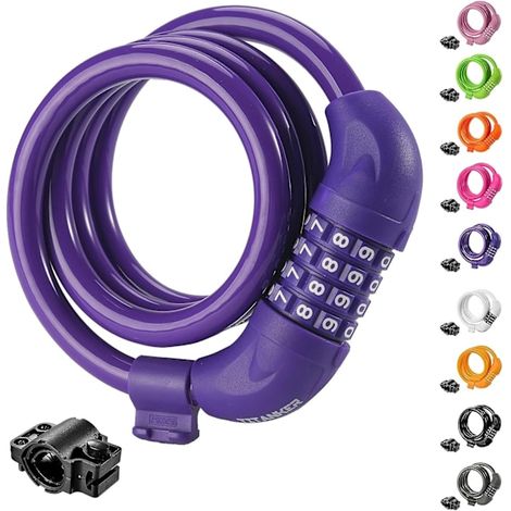 Cadenas à combinaison violet en fil d'acier, cadenas antivol à quatre chiffres pour vélo, moto et VTT, 120 cm, SJX (1/5)