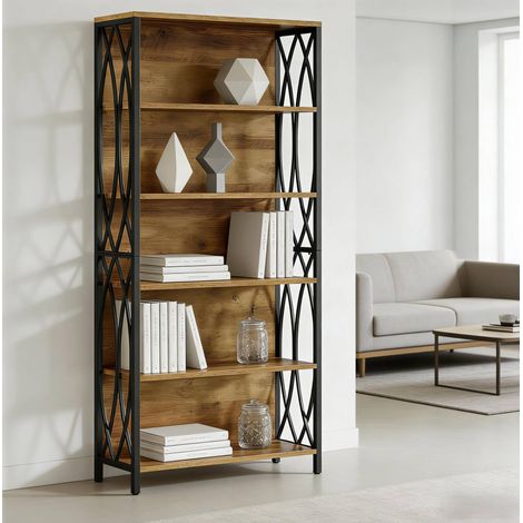 Bibliothèque ouverte industrielle 180 cm en MDF et métal, noire et marron, avec décor latéral (1/5)