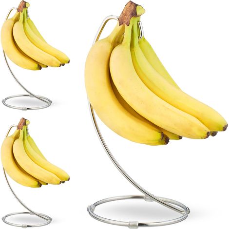 Relaxdays Banana Stand, 3x Set, Fruit Holder, Hanger, for Kitchen Countertop, Metal, Sturdy, Chrome-plated Iron, Silver