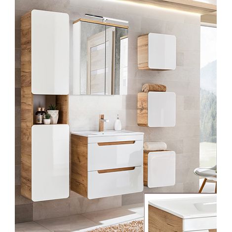 Badezimmermöbel Set inkl. 61 cm Keramik-Waschtisch LUTON-56 in Hochglanz weiß mit Wotan Eiche Nb., B/H/T ca. 160/200/46 cm (1/5)