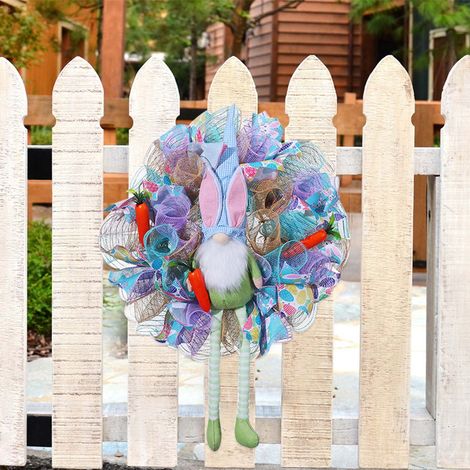 Guirlande De Pâques - Lapin En Peluche Sur Guirlande De Feuillage Artificiel - Décor Extérieur Résistant Aux Intempéries - Pour Porte Mur Ou Patio - 57 X 42 Cm - Bleu (1/5)