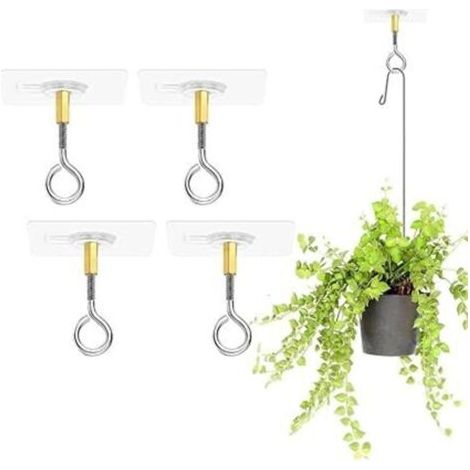 4 pièces Crochets de Plafond Autocollants sans Perçage, Crochets en Transparent pour Plantes Suspendues avec Crochets en Acier Inoxydable pour Plafond, Crochets Adhésifs Plafond (1/4)