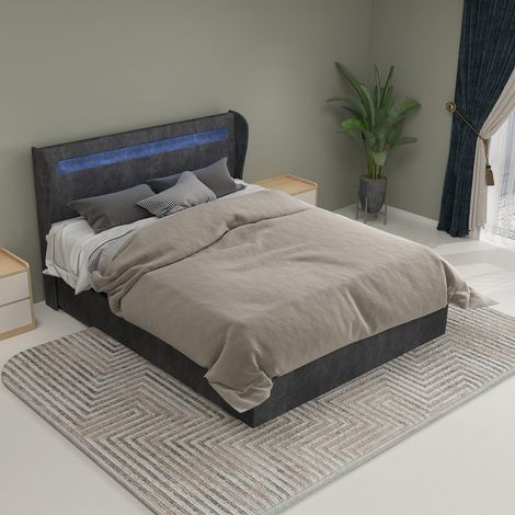 Lit coffre 140x200 cm gris avec LED, tête de lit rembourrée, sommier inclus, coffre avec vérins hydrauliques, rangement sous lit, sans matelas (1/5)