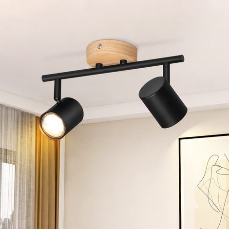 Lámpara de techo GBLY Foco de techo LED de 2 llamas - Negro GU10 Giratorio Foco de pared de madera Foco de pared Sin bombilla