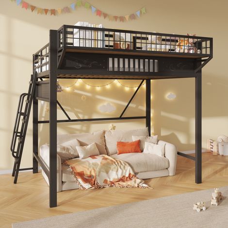 Letto a soppalco 140 x 200 cm in metallo con vani contenitore e spazio aperto, nero DESVIAE (1/5)