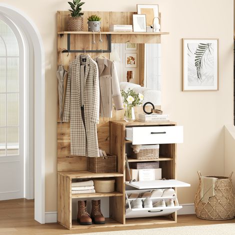 Meuble d'entrée 100 x 38.5 x 190 cm rangement assise bois finition laquée Blanc et couleur naturelle