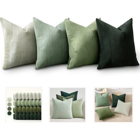 Housses de coussin décoratives, lot de 4, 45 x 45 cm, velours côtelé rayé, pour canapé et salon, décoration d'automne, combinaison verte (1/5)