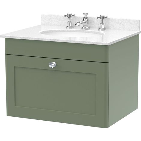 Swynnerton Traditional 1 Drawer Wall Hung Vanity Unit with Marble Basin, Satin Green, 600mm