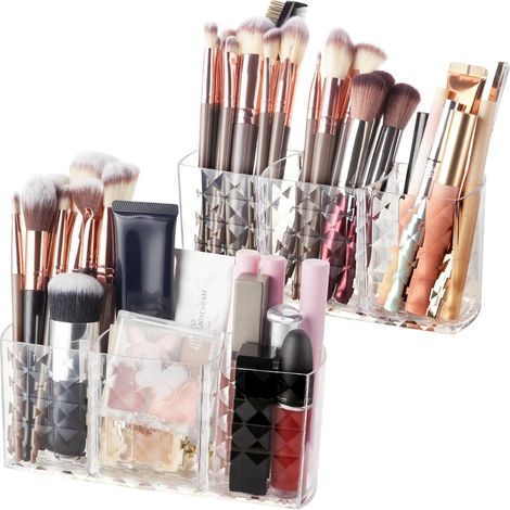 Caja organizadora de maquillaje de 2 piezas, organizador de brochas de 3 compartimentos, almacenamiento de brochas de maquillaje de acrílico transparente (1/4)