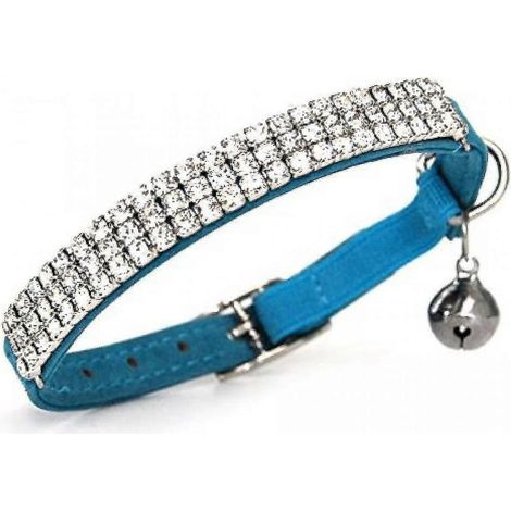 Collier ajustable en velours doux et sûr pour chat, orné de strass et de clochettes, 28 cm (bleu) (1/4)