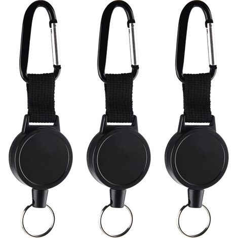 Porte-clés rétractable en 3 parties, enrouleur porte-badge robuste avec câble en acier de 100 cm, noir
