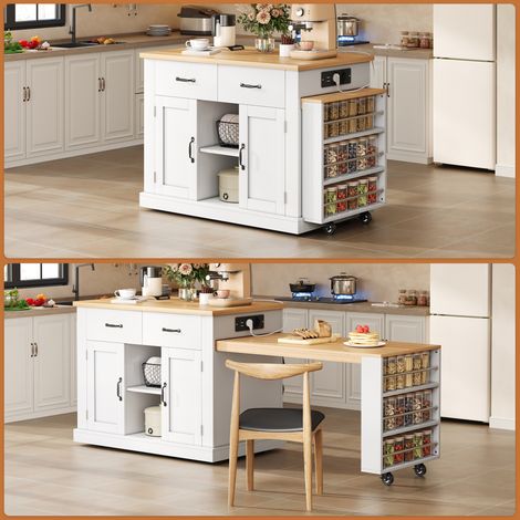 Îlot de cuisine mobile, desserte de cuisine avec table à manger extensible, table de bar escamotable, 7 roues, étagères de rangement, étagères réglables, 132 (235) x 60 x 93 cm (1/5)